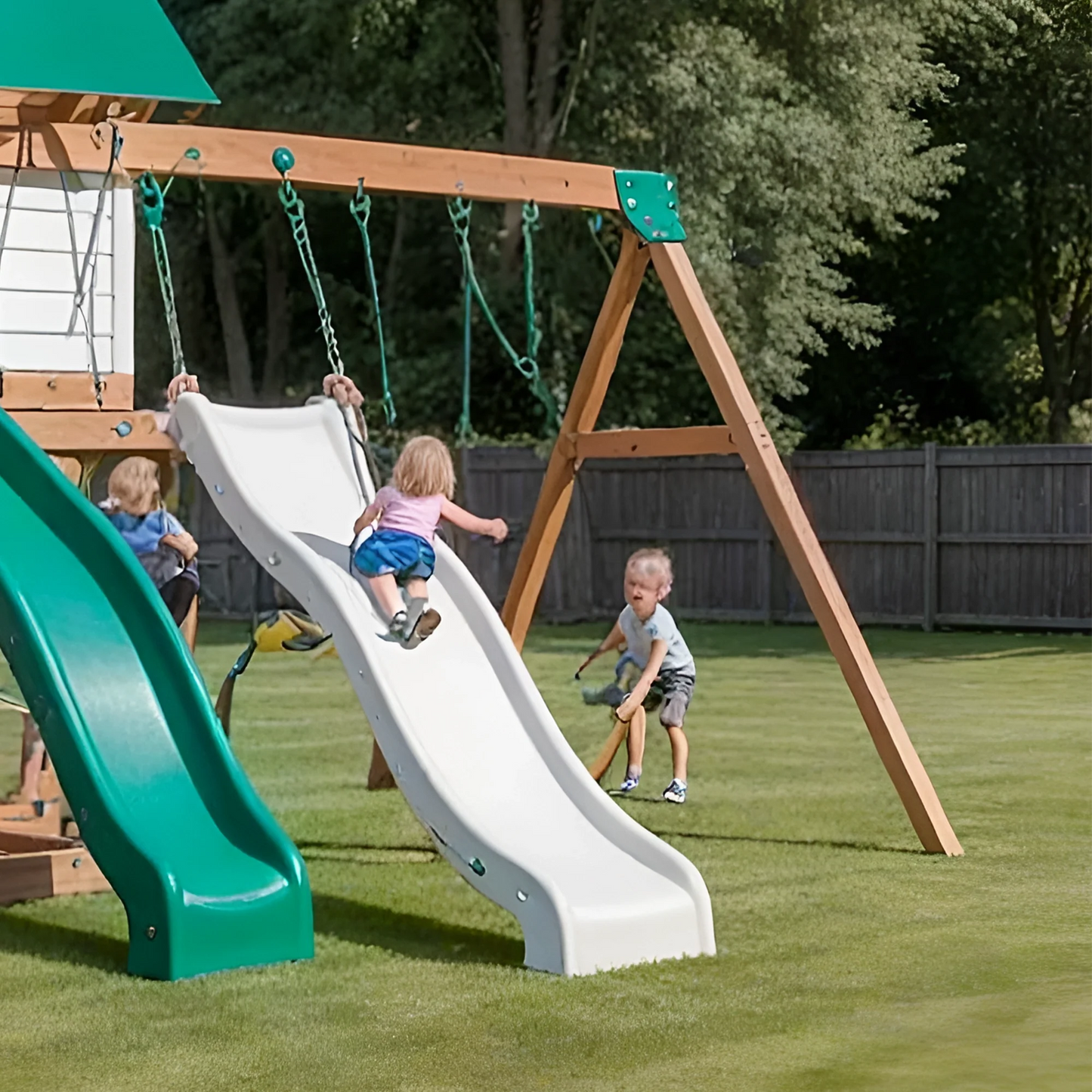 Backyard Wooden Swing Set with Playhouse, Double Slide & Climbing Wall for Kids