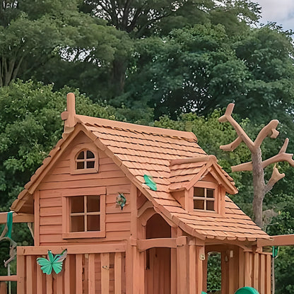 Wooden Swing Set with Double Slides & Playhouse – Safe Outdoor Kids Playground