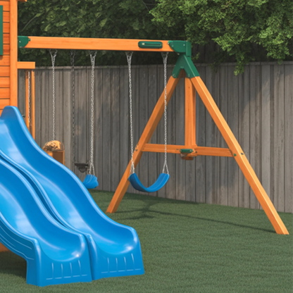 Deluxe Wooden Swing Set with Dual Blue Slides, Tube Slide & Swings – Outdoor Playground for Kids (22ft x 12ft x 9ft)
