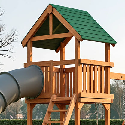 Large Wooden Swing Set with Slide & Sandbox – Outdoor Playhouse Tower for Kids