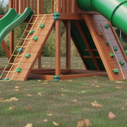 Wooden Swingset with Tube Slide, Double Swings & Rock Wall – Outdoor Kids Playground