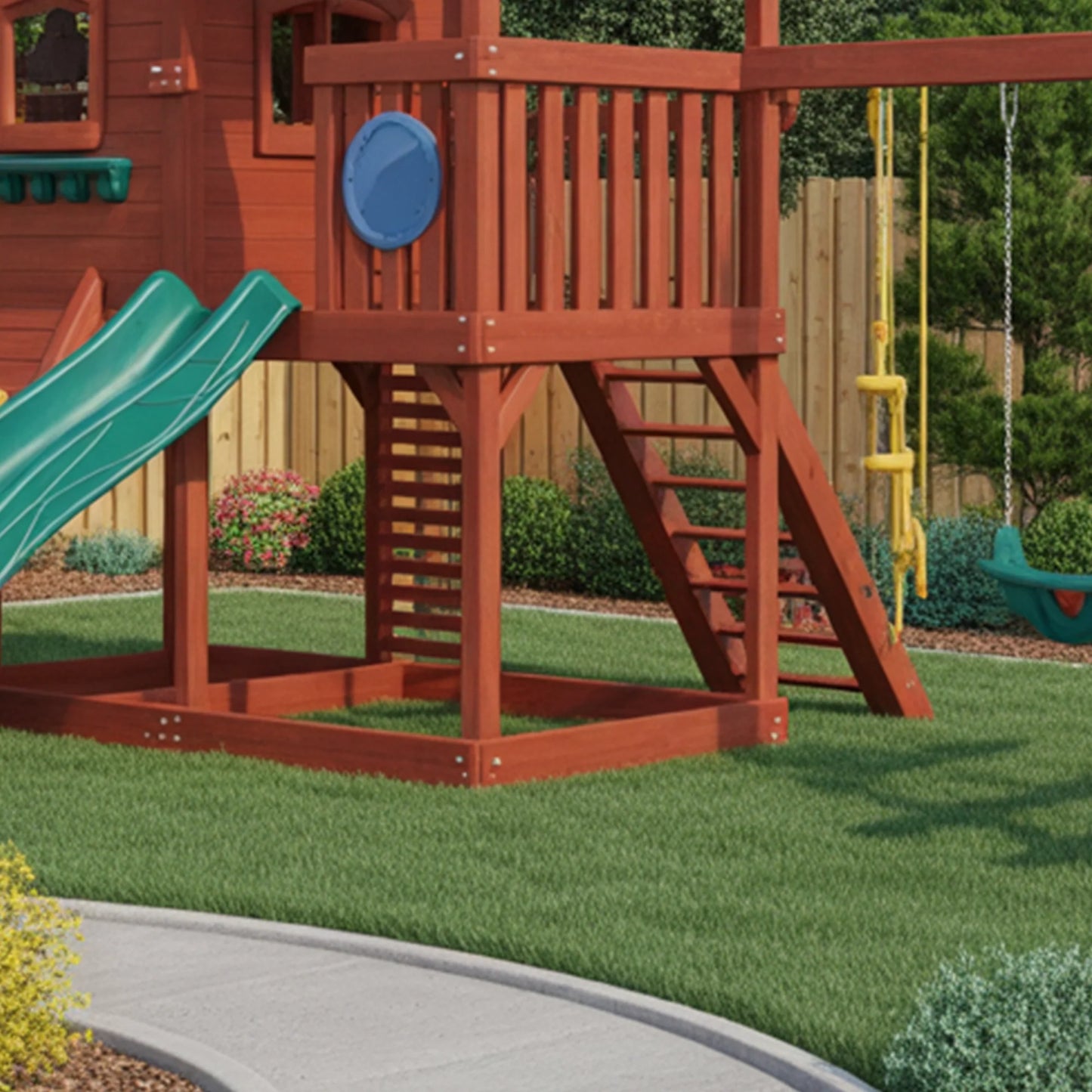 Wooden Playhouse with Slide & Swings | 12x12x9 ft Outdoor Backyard Playground for Kids