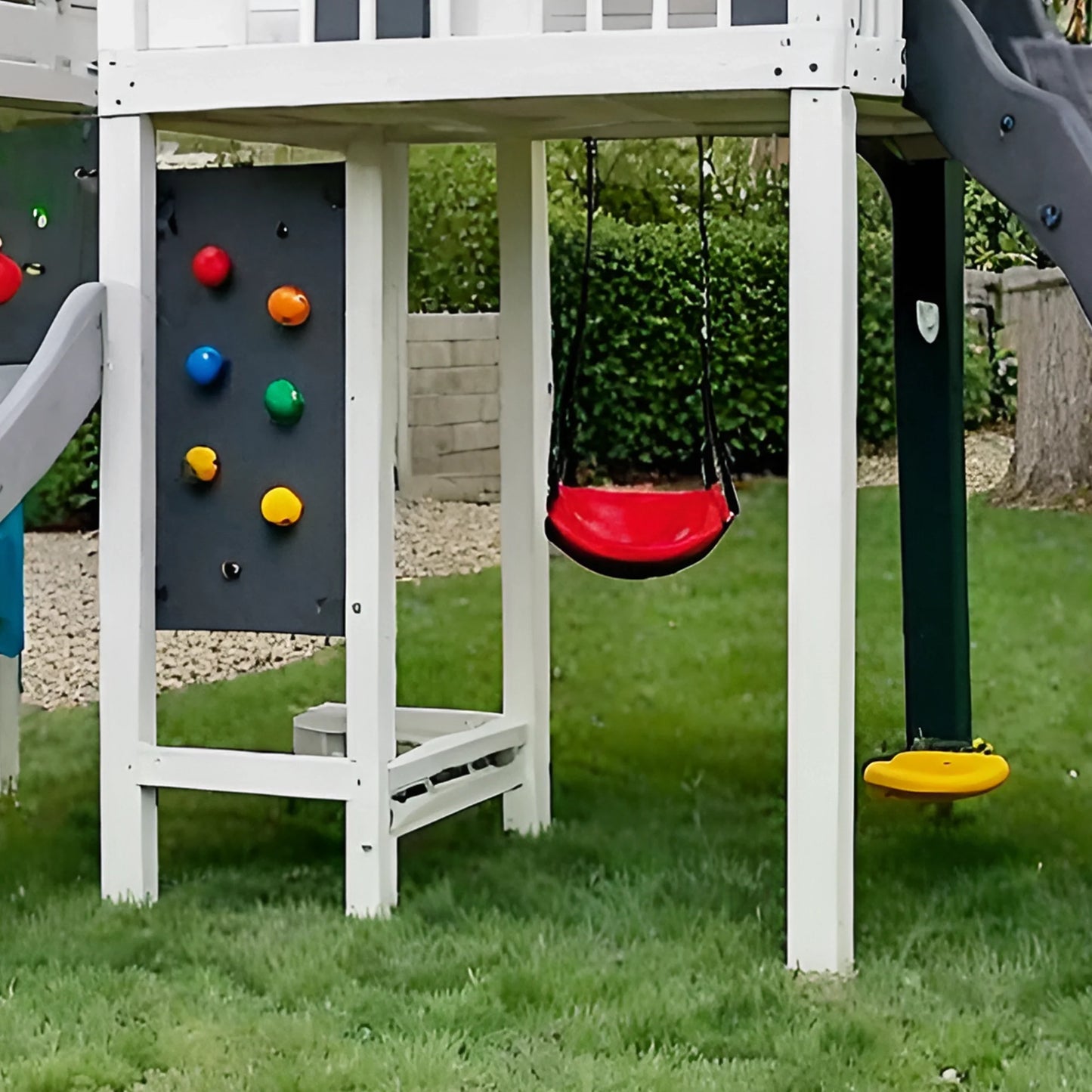 Wooden Swing Set with Double Slides & Playhouse – Outdoor Playground with Swings and Climbing Wall (19.5 ft)