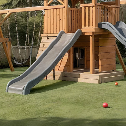 Backyard Playhouse Swing Set with Double Slides, Monkey Bars & Swings