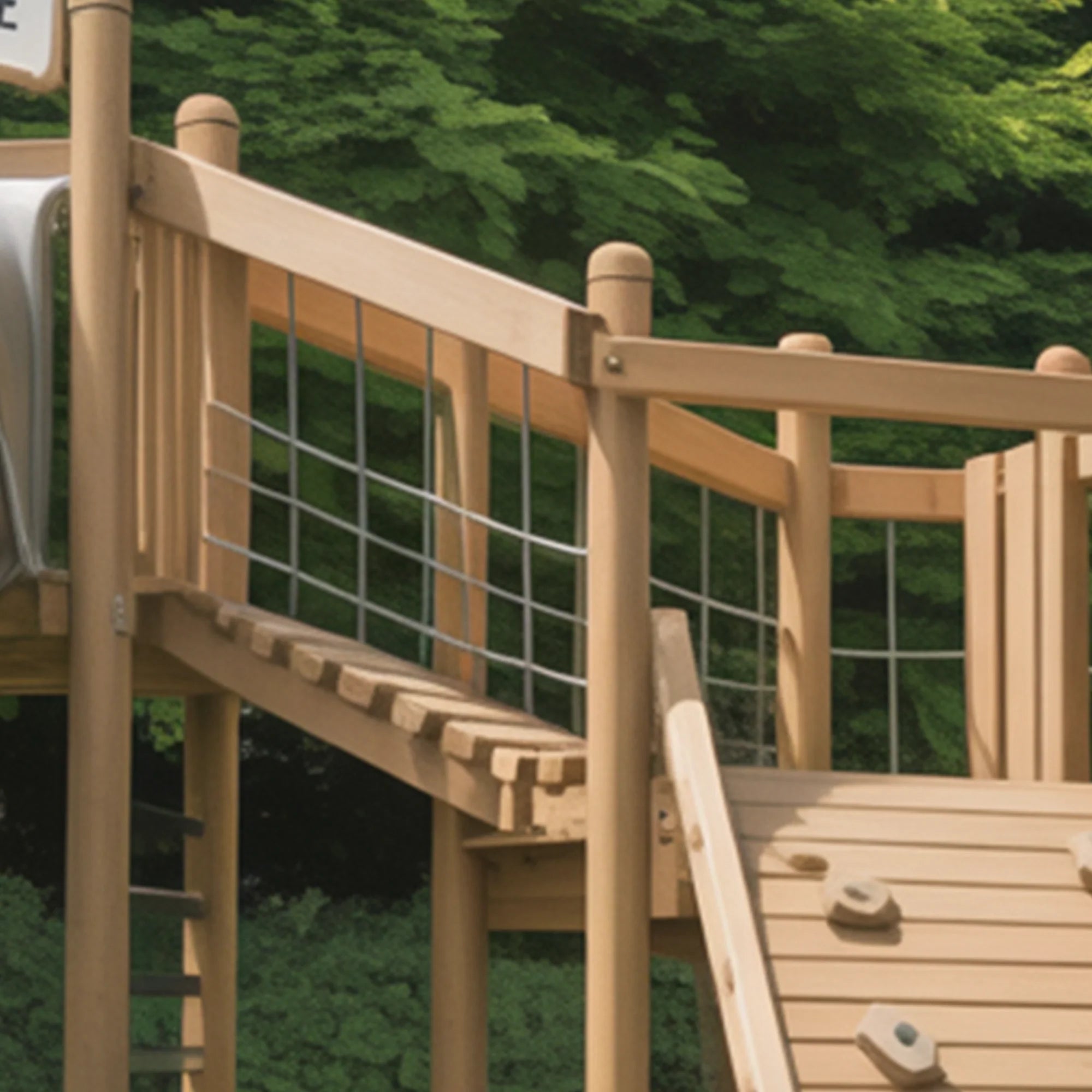 Backyard Wooden Playground with Curved Slide, Rock Climbing Wall & Rope Net | 9ft Height Outdoor Playset