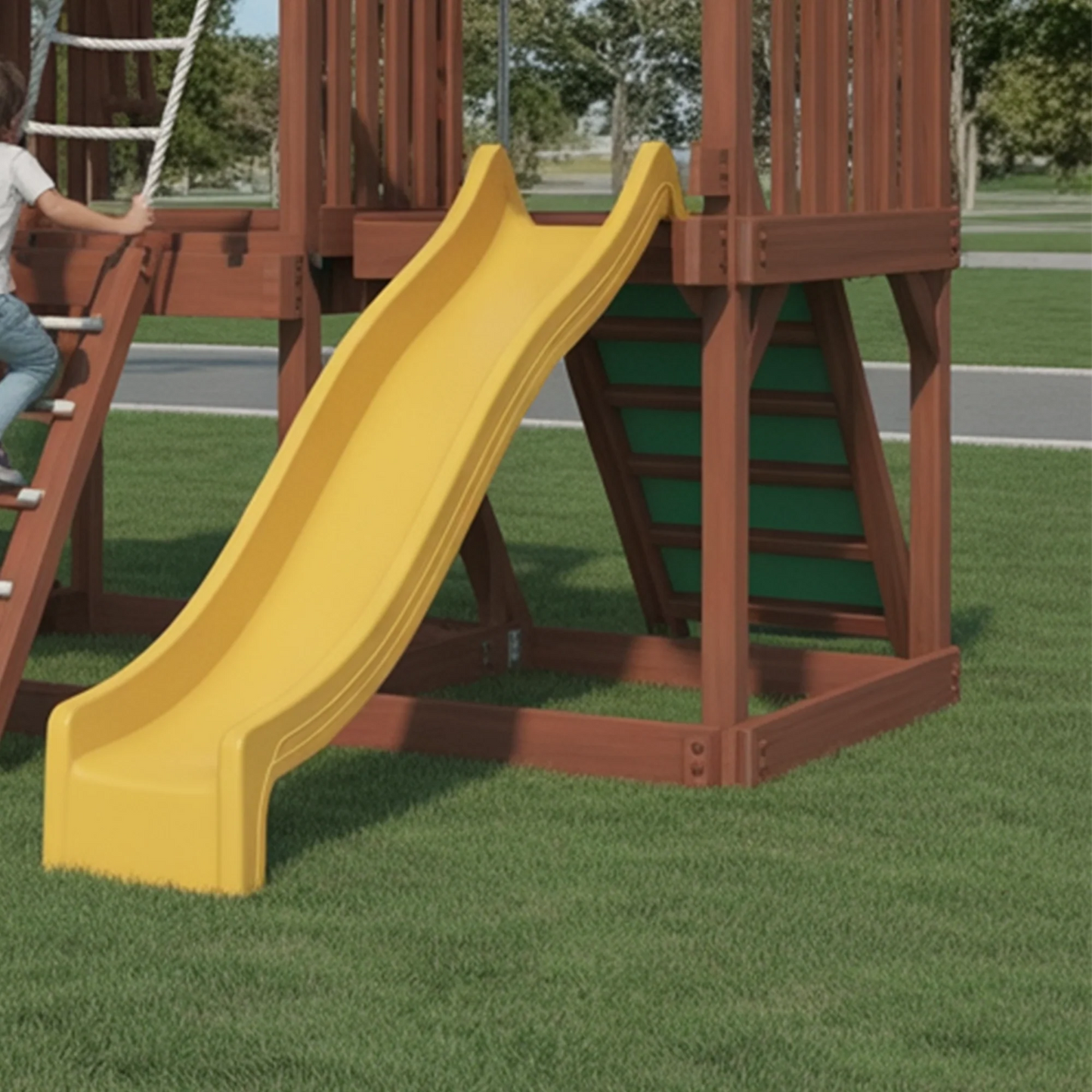 Deluxe Wooden Swingset with Dual Slides, Climbing Wall & Canopy Roof – Outdoor Backyard Playset