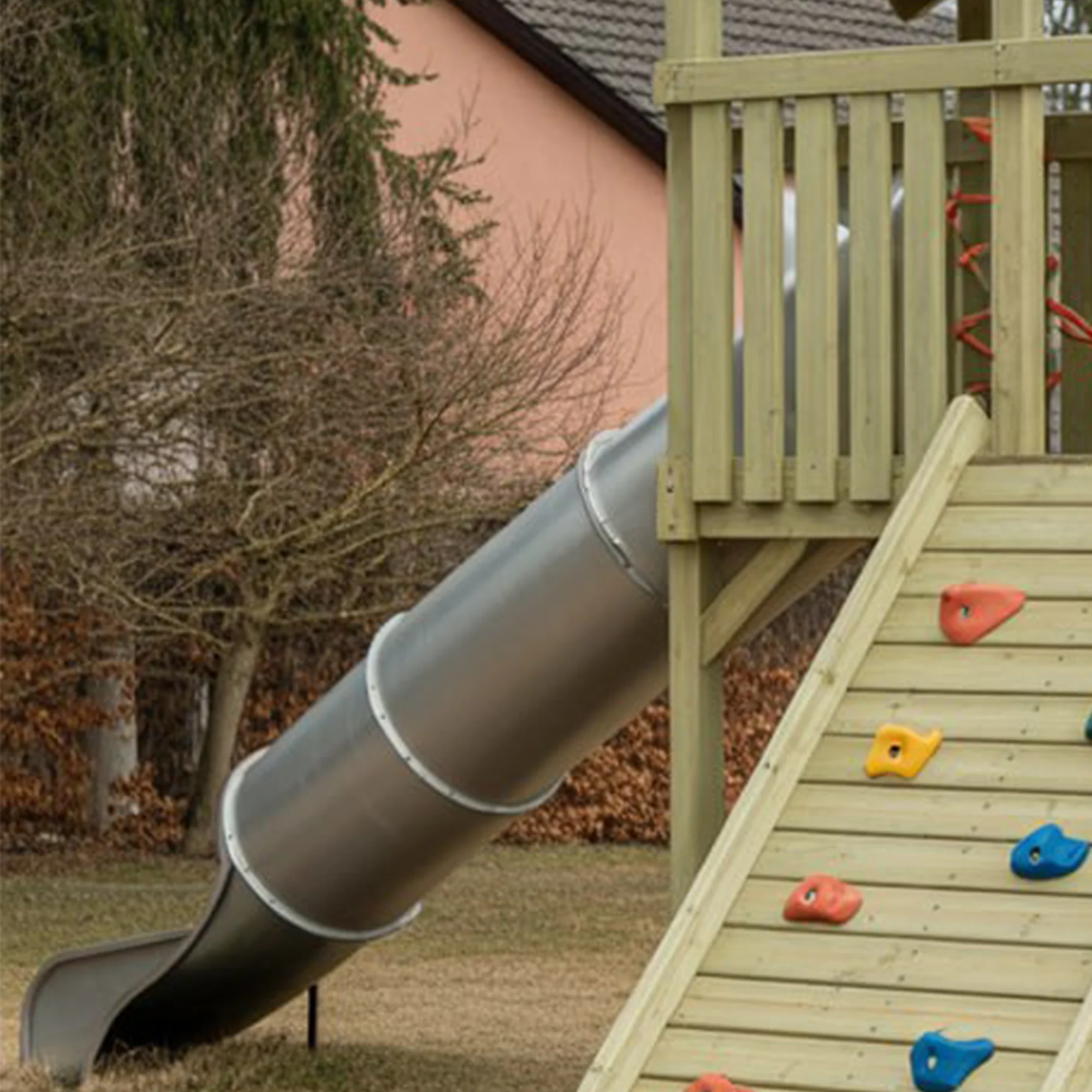 Outdoor Wooden Playset with Slide, Climbing Wall, Hammock Swing & Covered Playhouse | 22ft x 12ft x 9ft