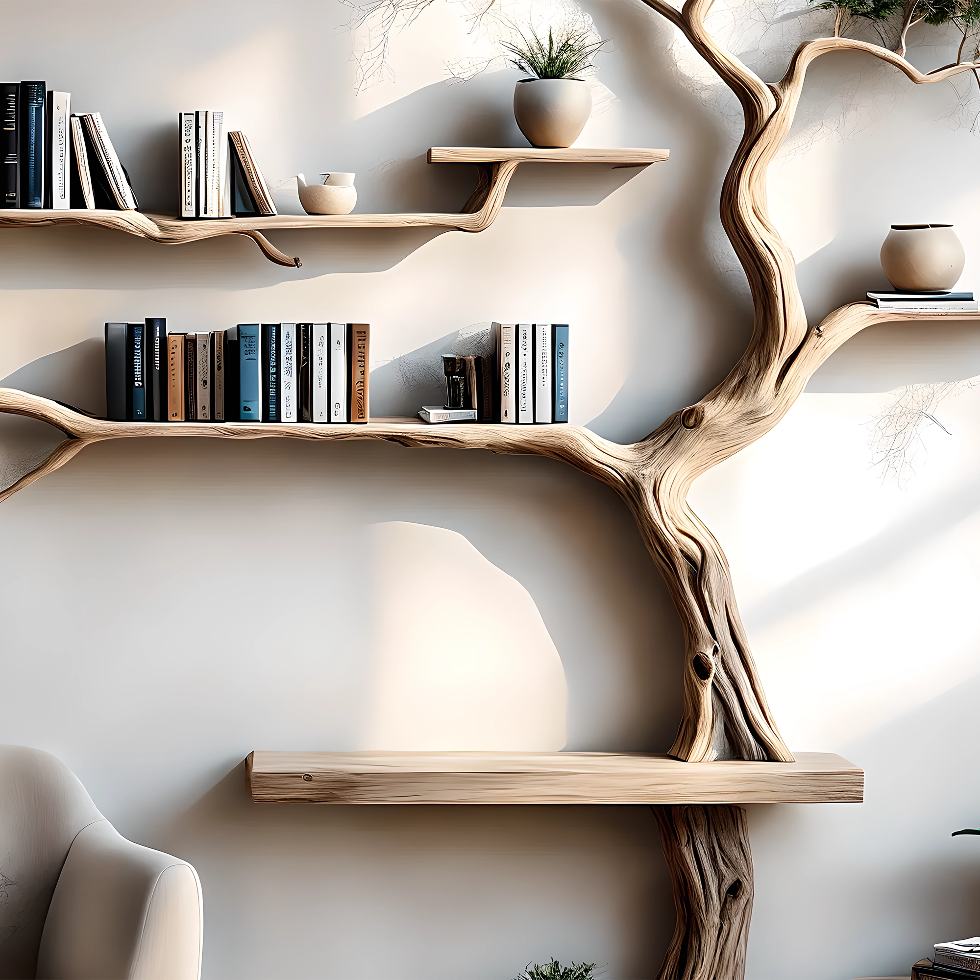 -Handmade wall-mounted solid wood tree branch bookshelf for interior decoration 