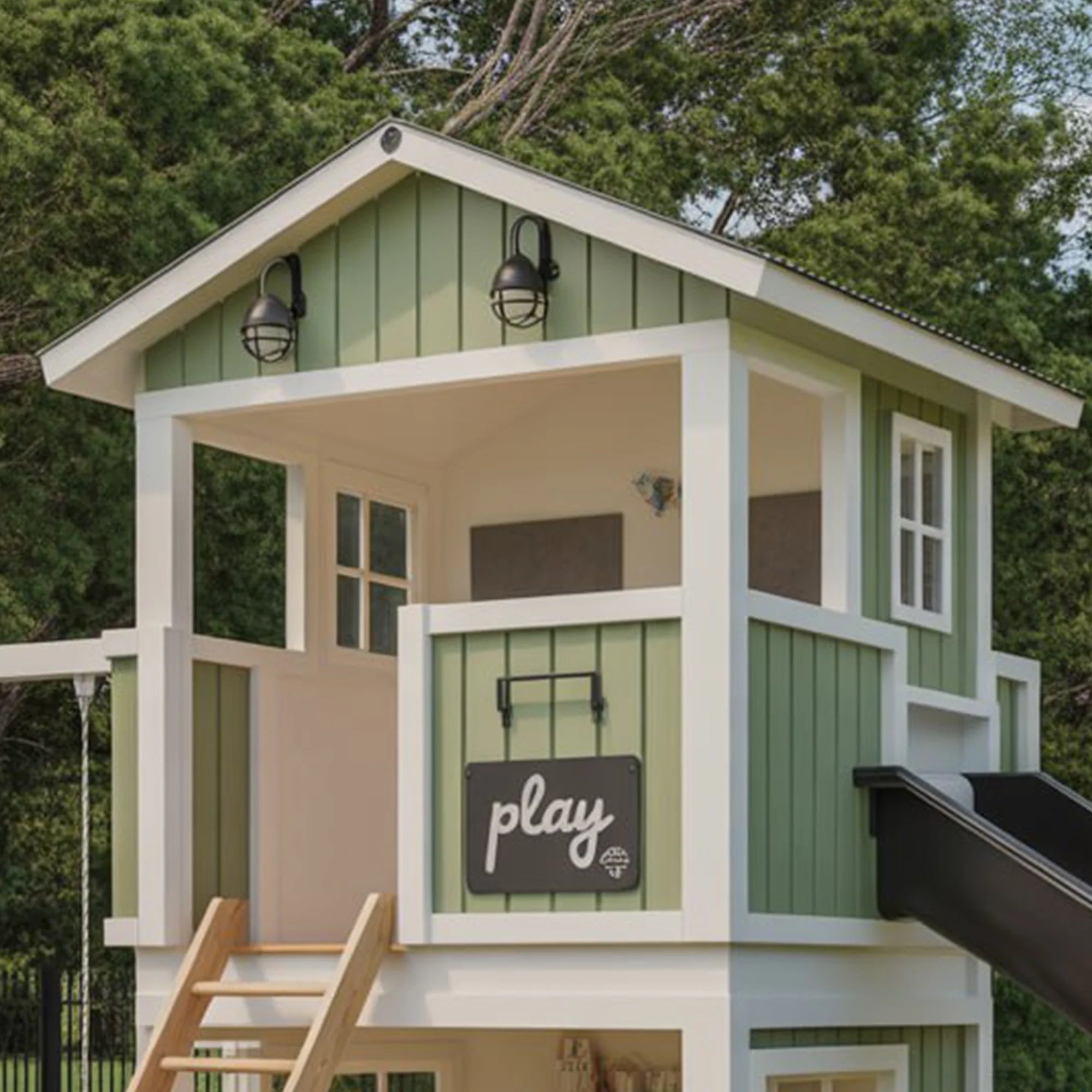 Modern Two-Story Wooden Playhouse with Spiral Slide, Balcony & Swing Set | 22ft x 12ft x 9ft Backyard Playground