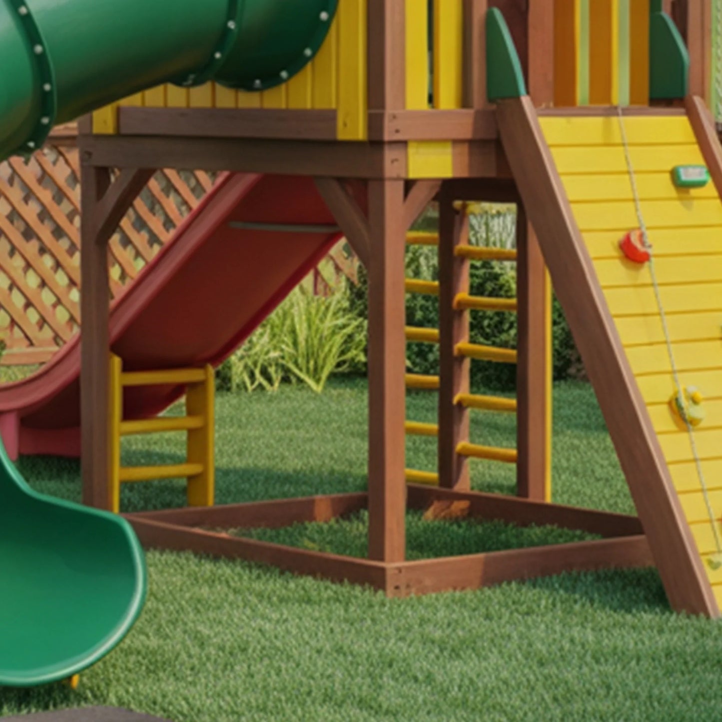 Premium Wooden Swingset with Tube Slide, Rock Wall & Dual Swings – 21ft x 13ft x 11ft Heavy-Duty Backyard Playset