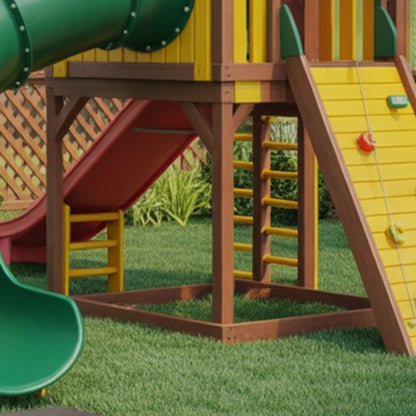 Premium Wooden Swingset with Tube Slide, Rock Wall & Dual Swings – 21ft x 13ft x 11ft Heavy-Duty Backyard Playset