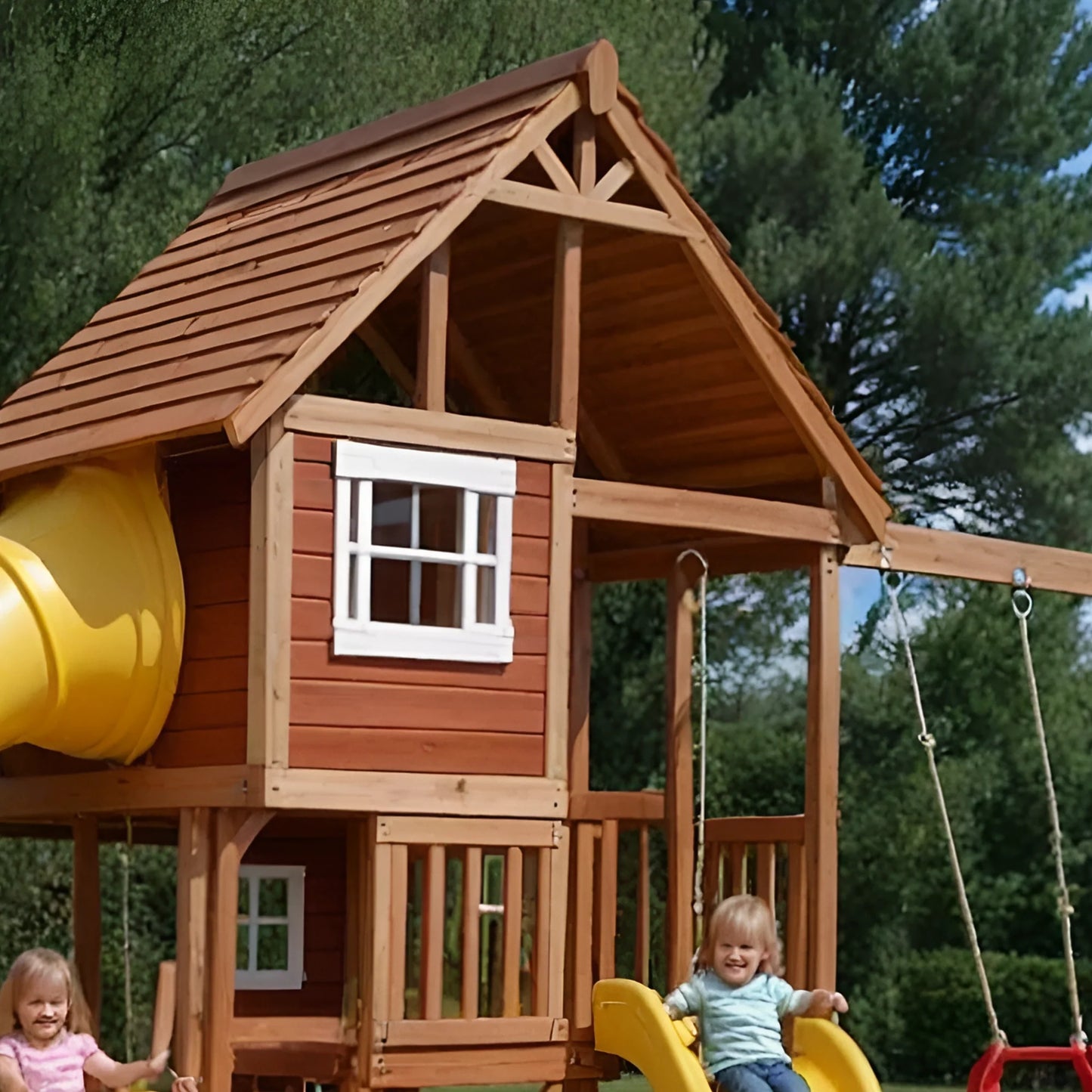 Heavy-Duty Wooden Swingset with Spiral Slide & Double Towers