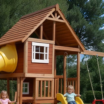 Heavy-Duty Wooden Swingset with Spiral Slide & Double Towers