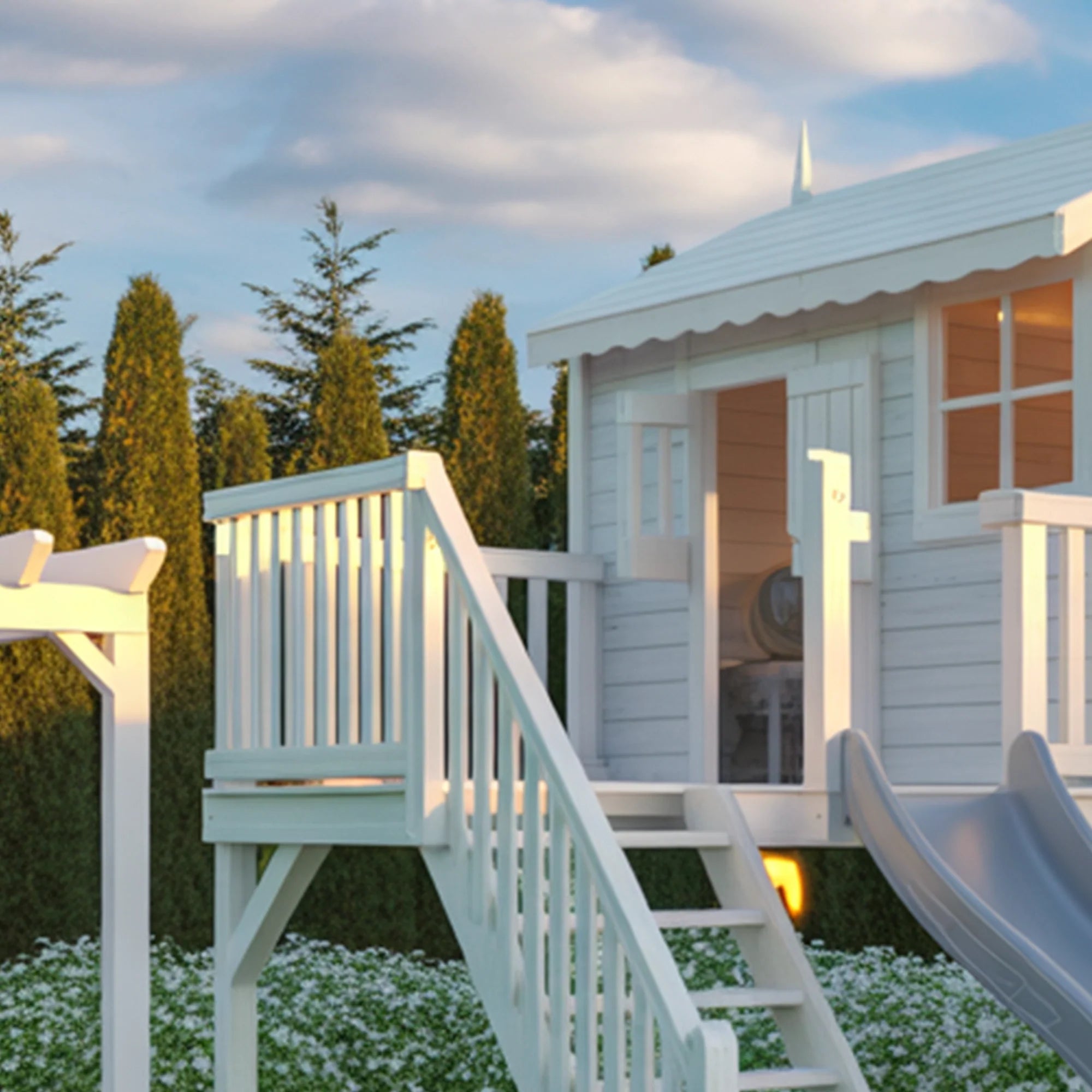 Modern Wooden Playhouse with Double Slide – 16ft x 10ft x 9ft Outdoor Backyard Activity House for Kids
