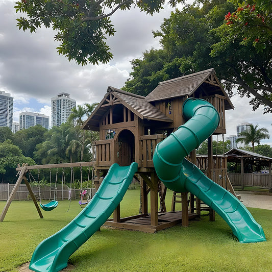 Kids Outdoor Playhouse with Swings, Dual Slides & Climbing Ladder – Wooden Swing Set