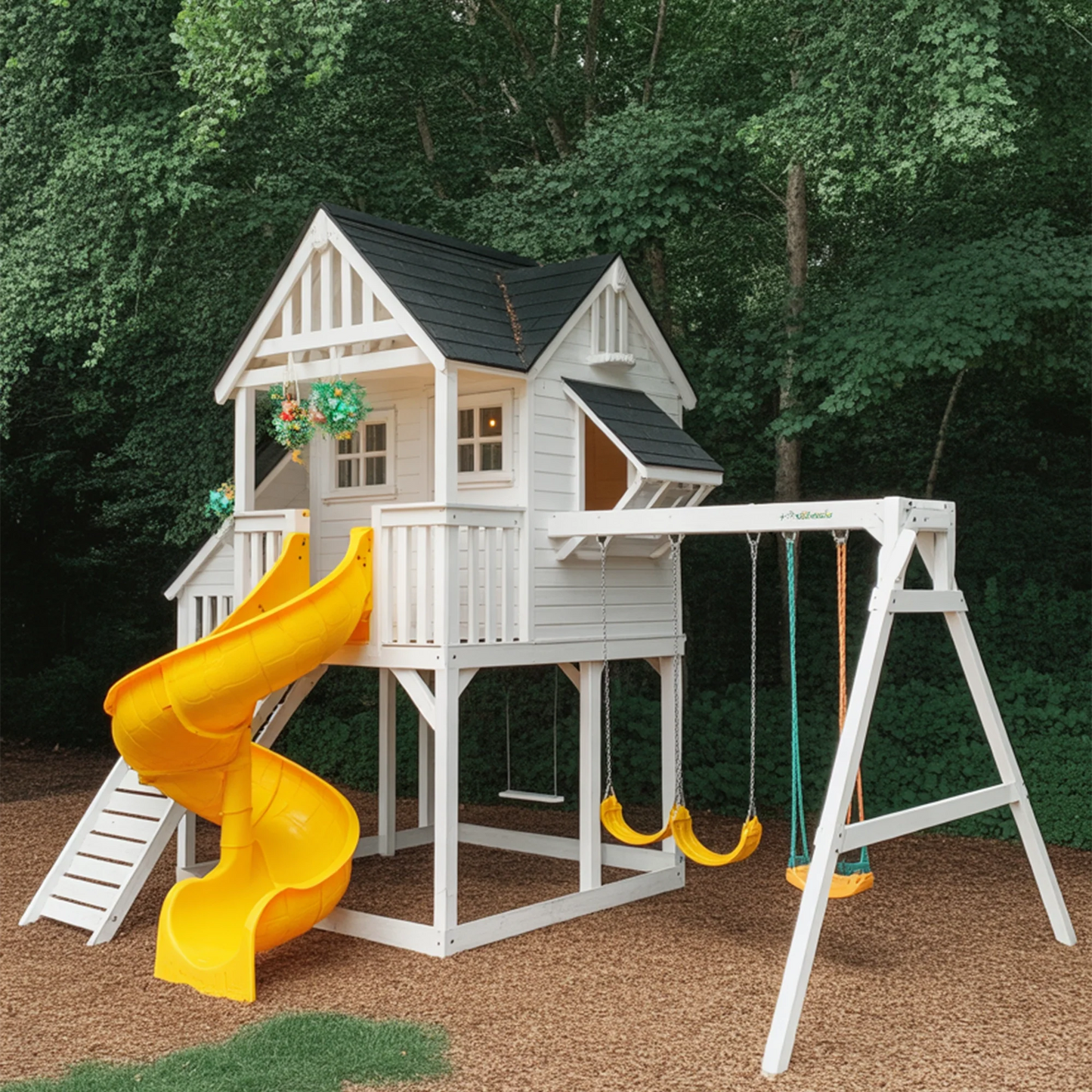 Two-Story Wooden Playhouse with Spiral Tube Slide & Swings | Outdoor Kids Backyard Playground