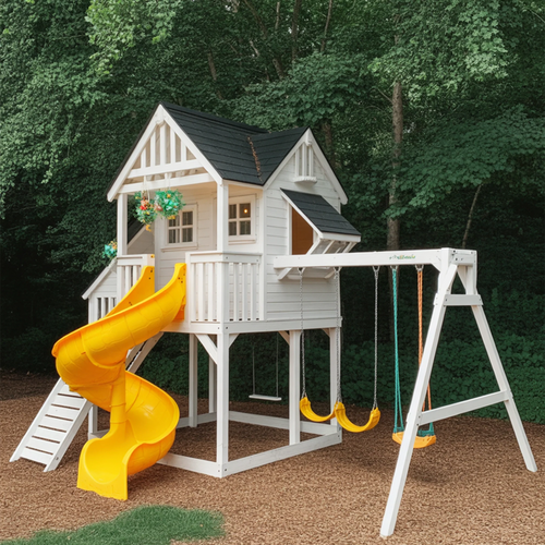 Two-Story Wooden Playhouse with Spiral Tube Slide & Swings | Outdoor Kids Backyard Playground