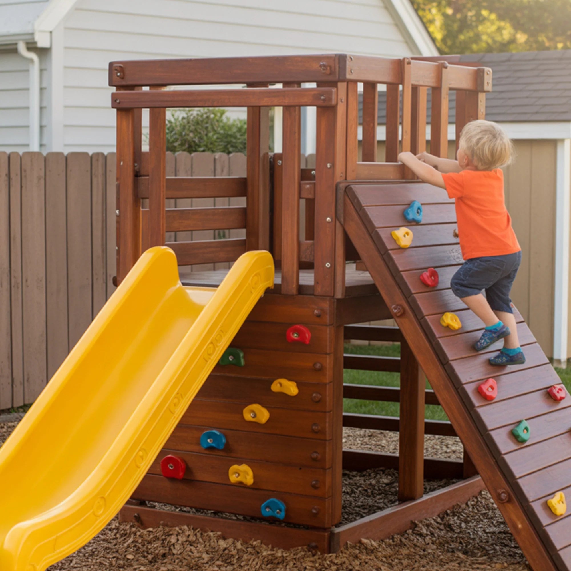 Compact Wooden Playset with Yellow Slide & Rock Climbing Wall – Backyard Fun for Kids | 10x10x9 ft