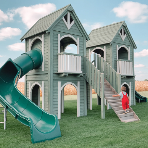 Luxury Wooden Castle Playground with Twin Towers, Spiral Tube Slide & Staircase | Safe Outdoor Playhouse for Kids