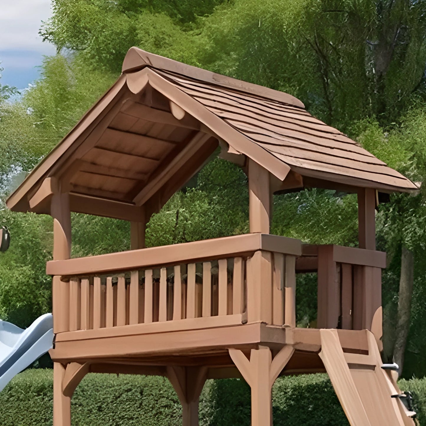 Wooden Playhouse with Slide, 2 Swings & Climbing Ladder – Outdoor Swing Set for Kids