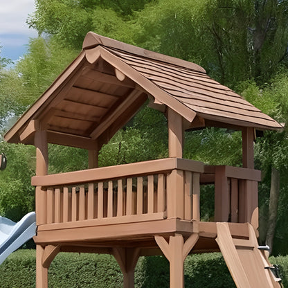Wooden Playhouse with Slide, 2 Swings & Climbing Ladder – Outdoor Swing Set for Kids