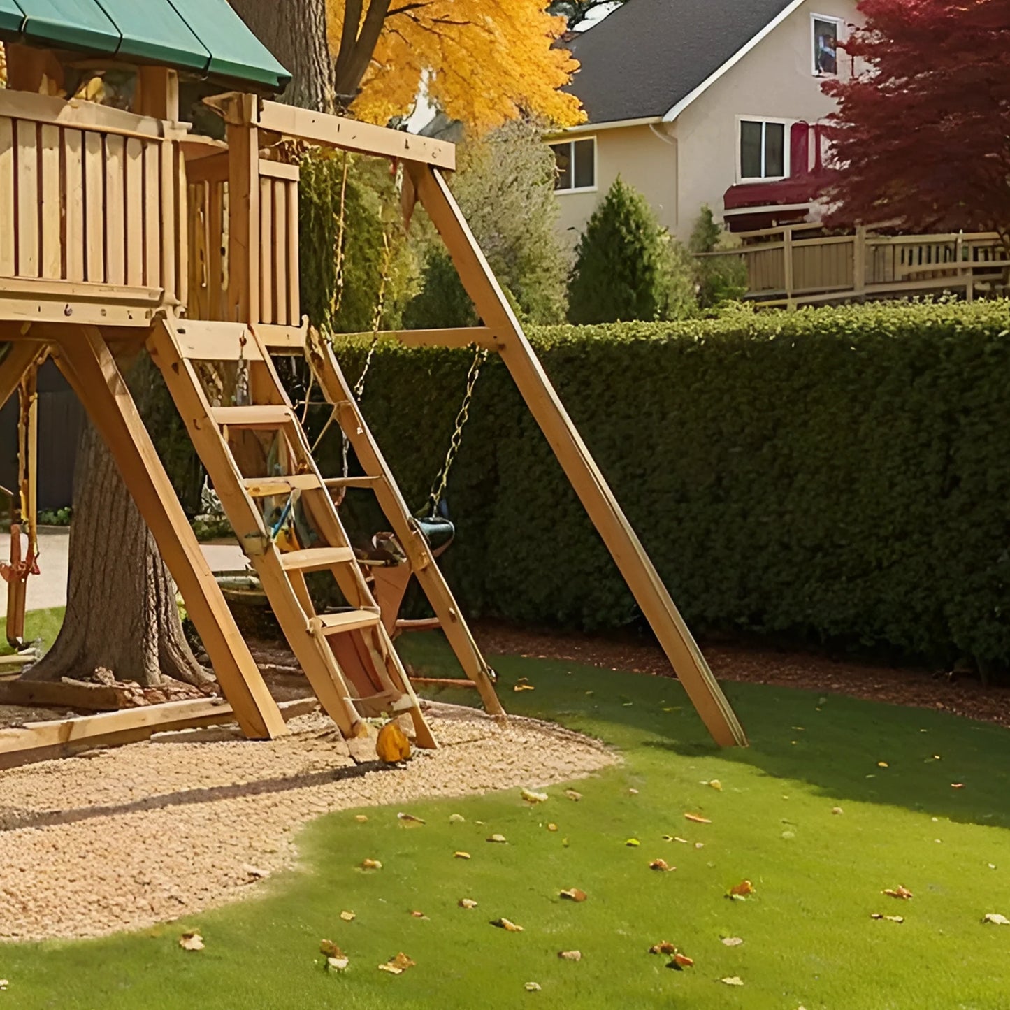 Backyard Wooden Swing Set with Double Slide, Swings & Playhouse – Outdoor Kids Playground