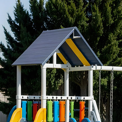 Backyard Wooden Swing Set with Playhouse & Double Slides – Safe for Kids