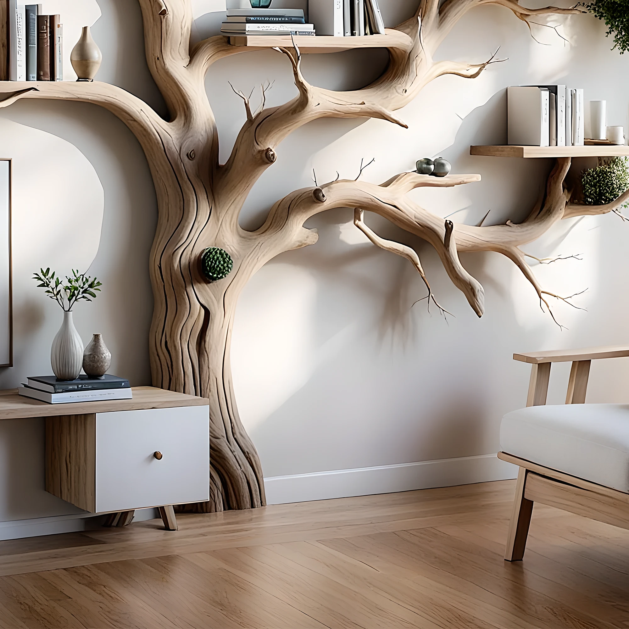 The unique tree-shaped bookshelf is made from natural driftwood, highlighted with artistic tree branches. 