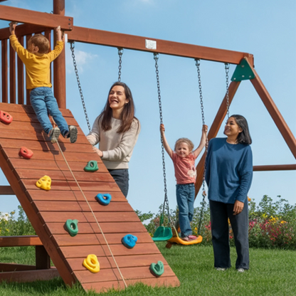 Wooden Swingset with Tube Slide, Rock Wall & Double Swings – Kids Outdoor Playground