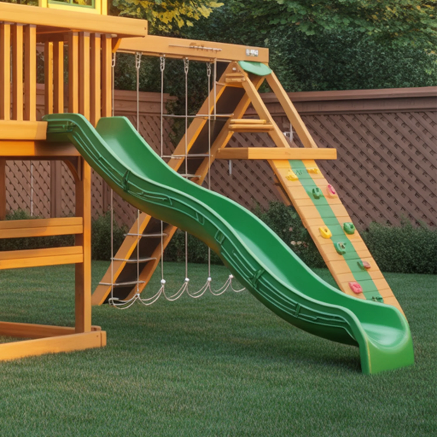 Wooden Swingset with Dual Slides & Climbing Wall – 22x12x9 ft