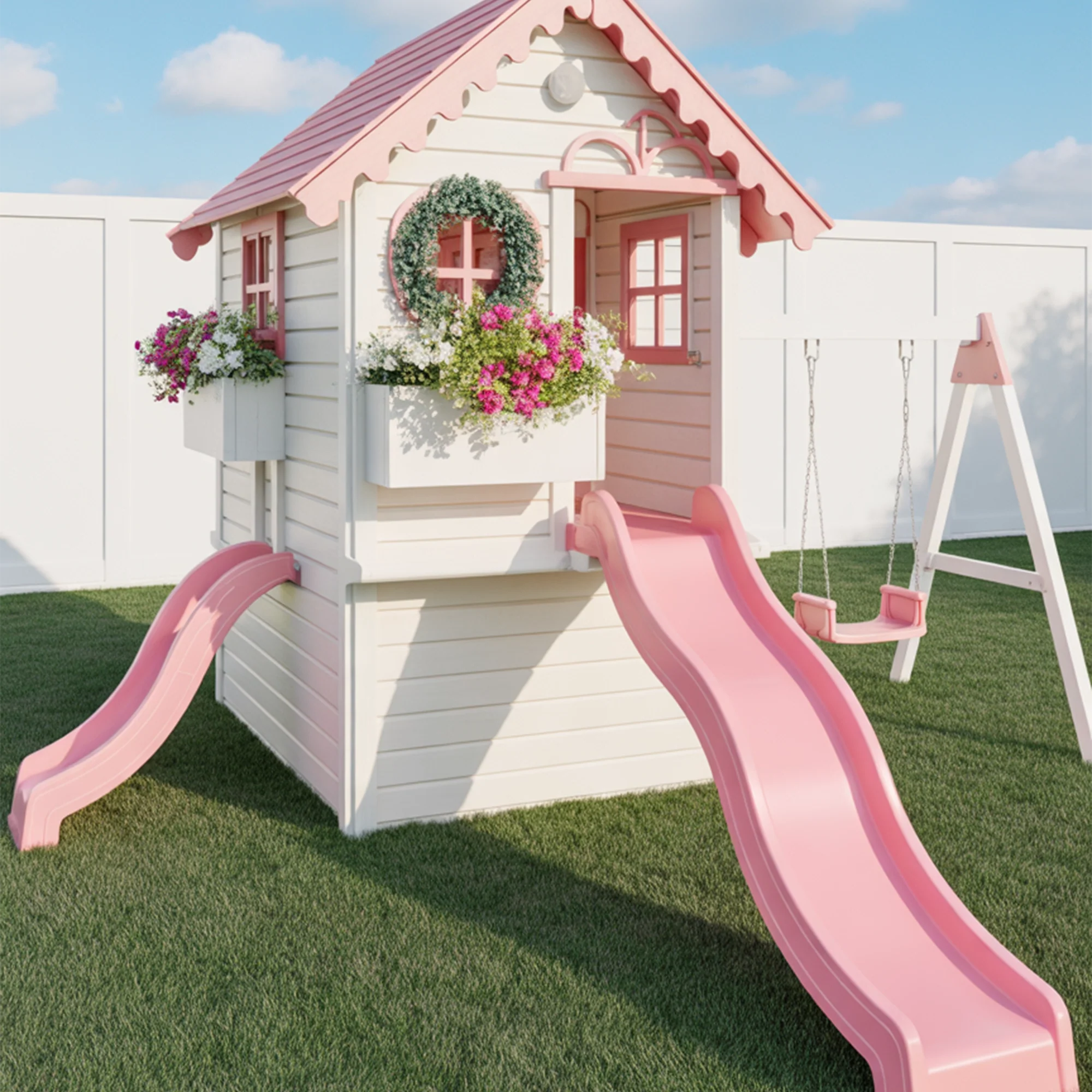 Charming Wooden Playhouse with Dual Slides & Swings | Cute Outdoor Playground for Kids Backyard Fun