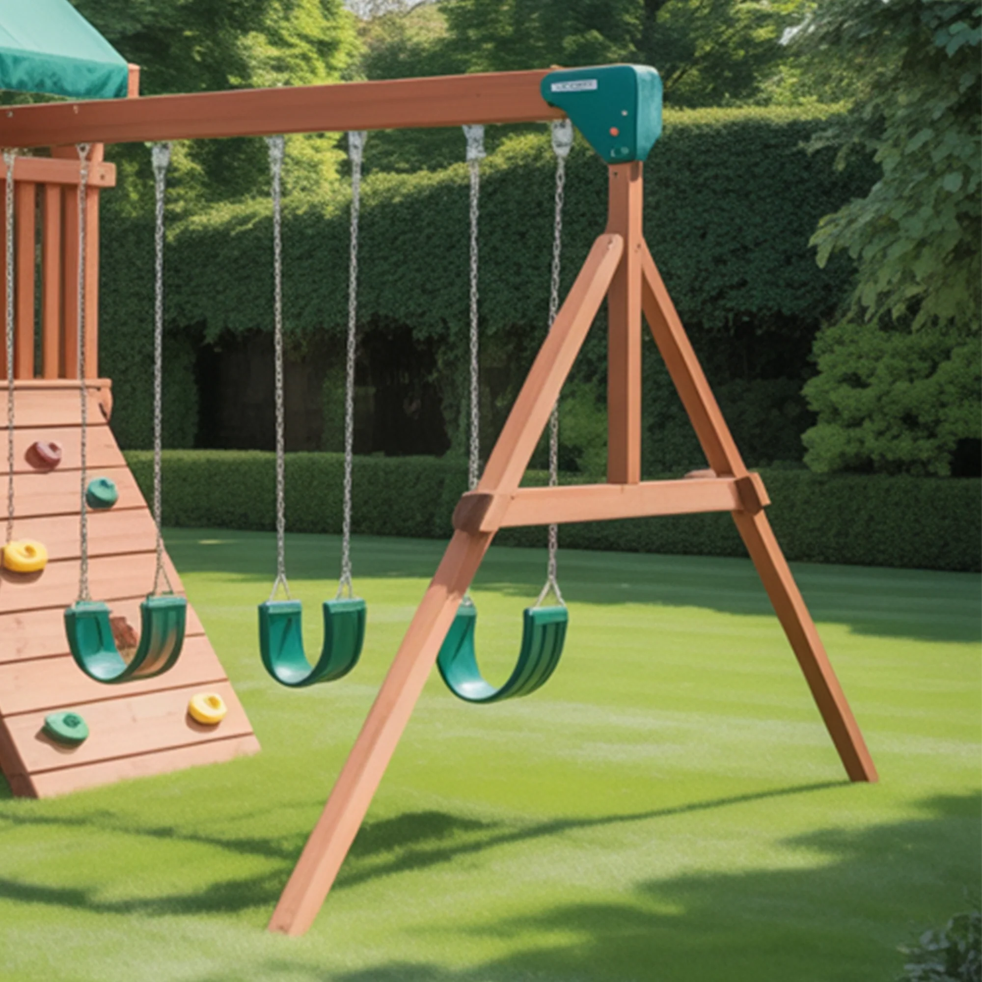 Backyard Wooden Playset with Double Swing, Rock Climbing Wall, Green Slide & Canopy Roof – Outdoor Adventure Playground, 22x10x9ft