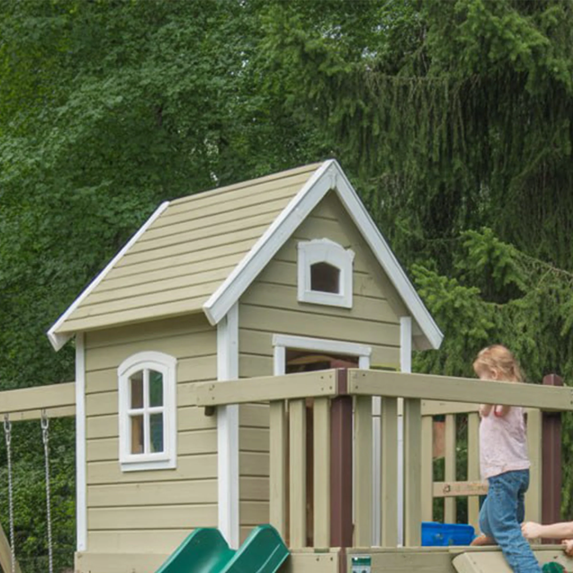 Deluxe Wooden Outdoor Playhouse with Slide, Swings & Climbing Wall – 22x12ft Backyard Playground Set