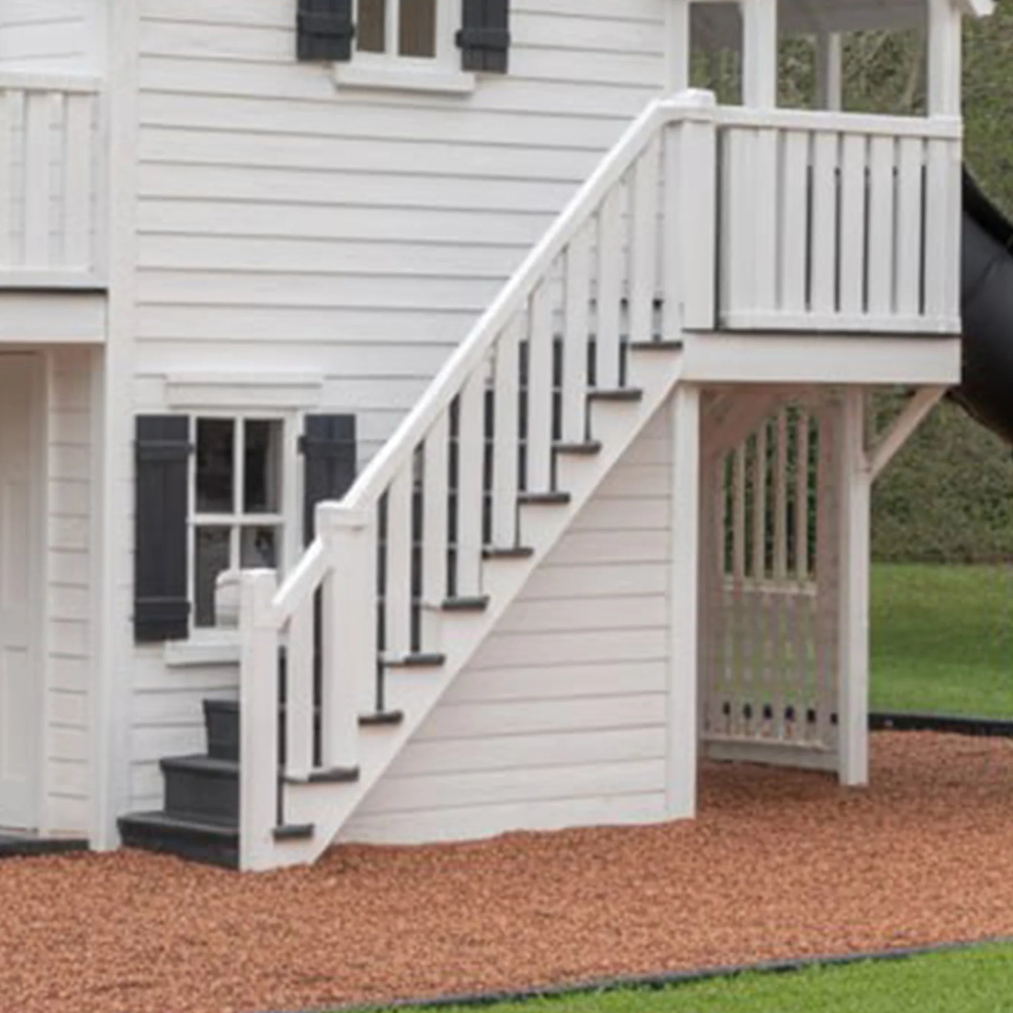 Luxury Two-Story Wooden Playhouse with Spiral Slide, Double Swings & Balcony – Outdoor Kids Playground Set 22x12x9 ft