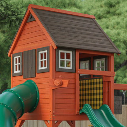 Large Wooden Playhouse with Dual Slides & Swings | Outdoor Kids Playground for Backyard Fun