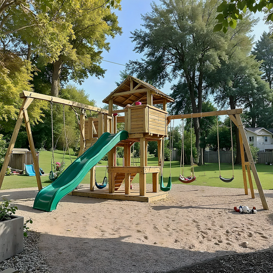 Safe Kids Swing Set for Backyard – Wooden Outdoor Playset with Playhouse & Slides