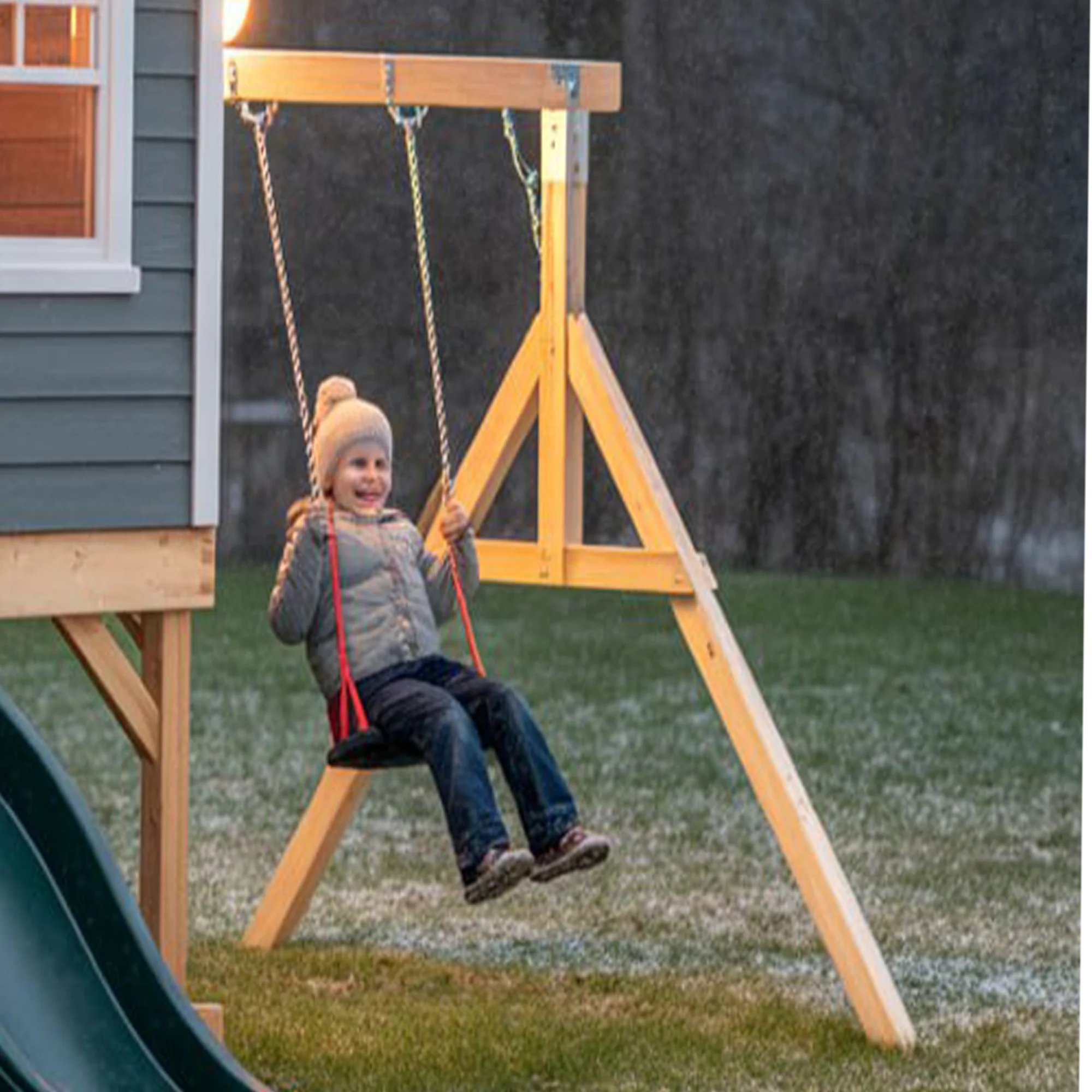Modern Wooden Playhouse with Slide and Swing – Outdoor Kids Backyard Playground Set (16ft x 12ft x 9ft)