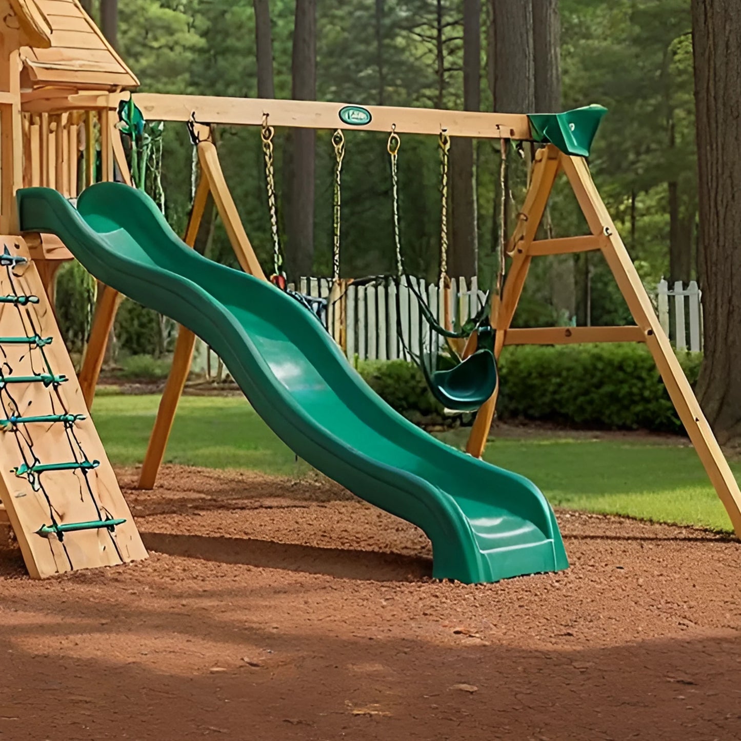 Large Wooden Swing Set with Dual Slides & Playhouse – Backyard Outdoor Playground (22 ft)