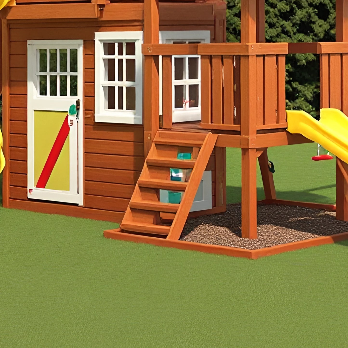 Wooden Swingset with Slide, Swing Beam & Adventure Play Fort