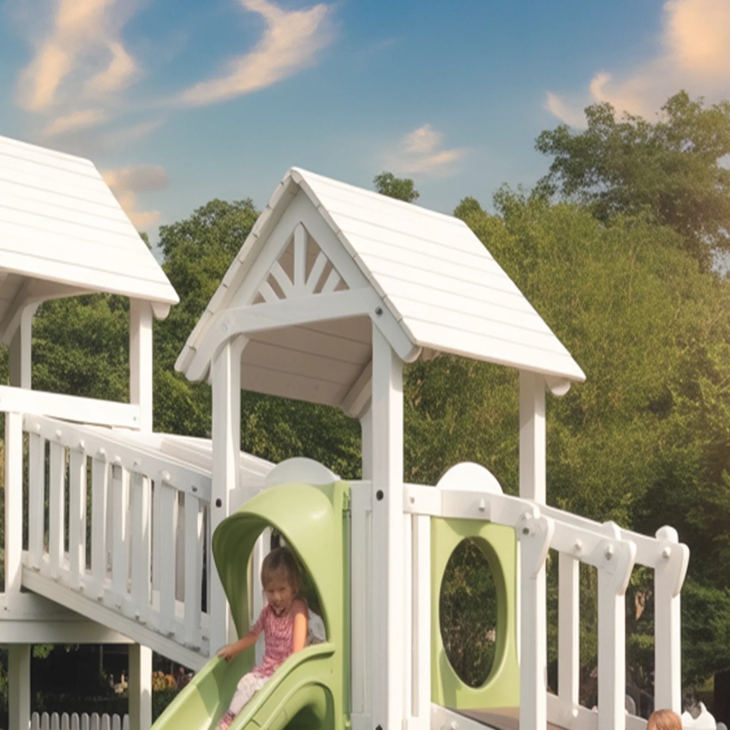 Twin Tower Wooden Playhouse with Slides & Bridge | Outdoor Kids Playground for Backyard Adventure