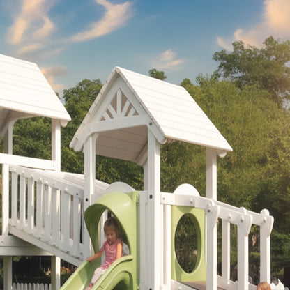 Twin Tower Wooden Playhouse with Slides & Bridge | Outdoor Kids Playground for Backyard Adventure