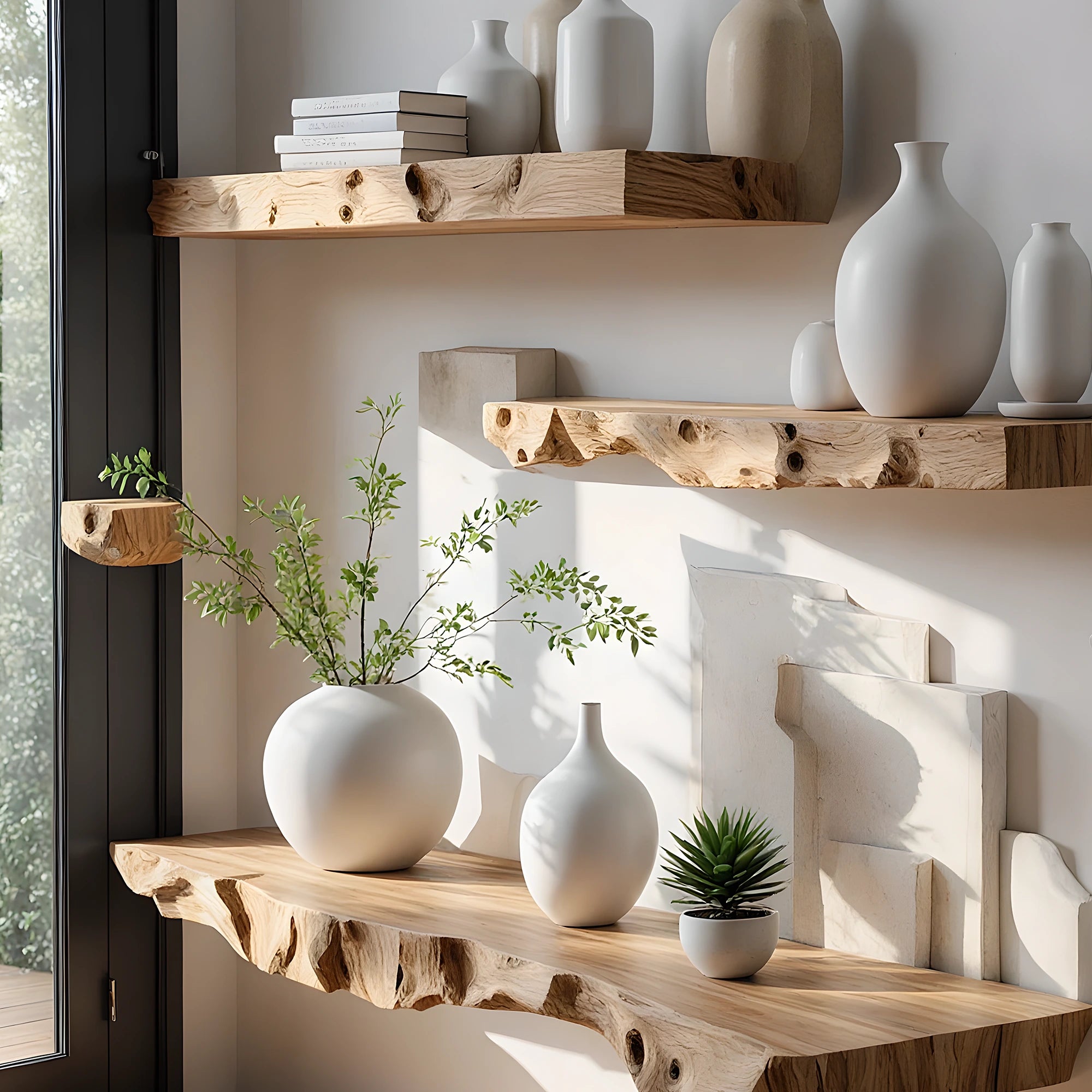 Book shelves, floating wooden shelves, monolithic shelves 