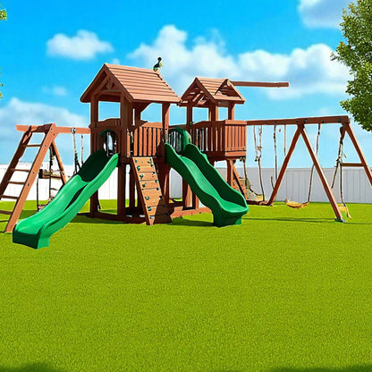 Wooden Outdoor Swing Set Playground with Double Slides, Swings & Climbing Wall – Large Backyard Playhouse for Kids