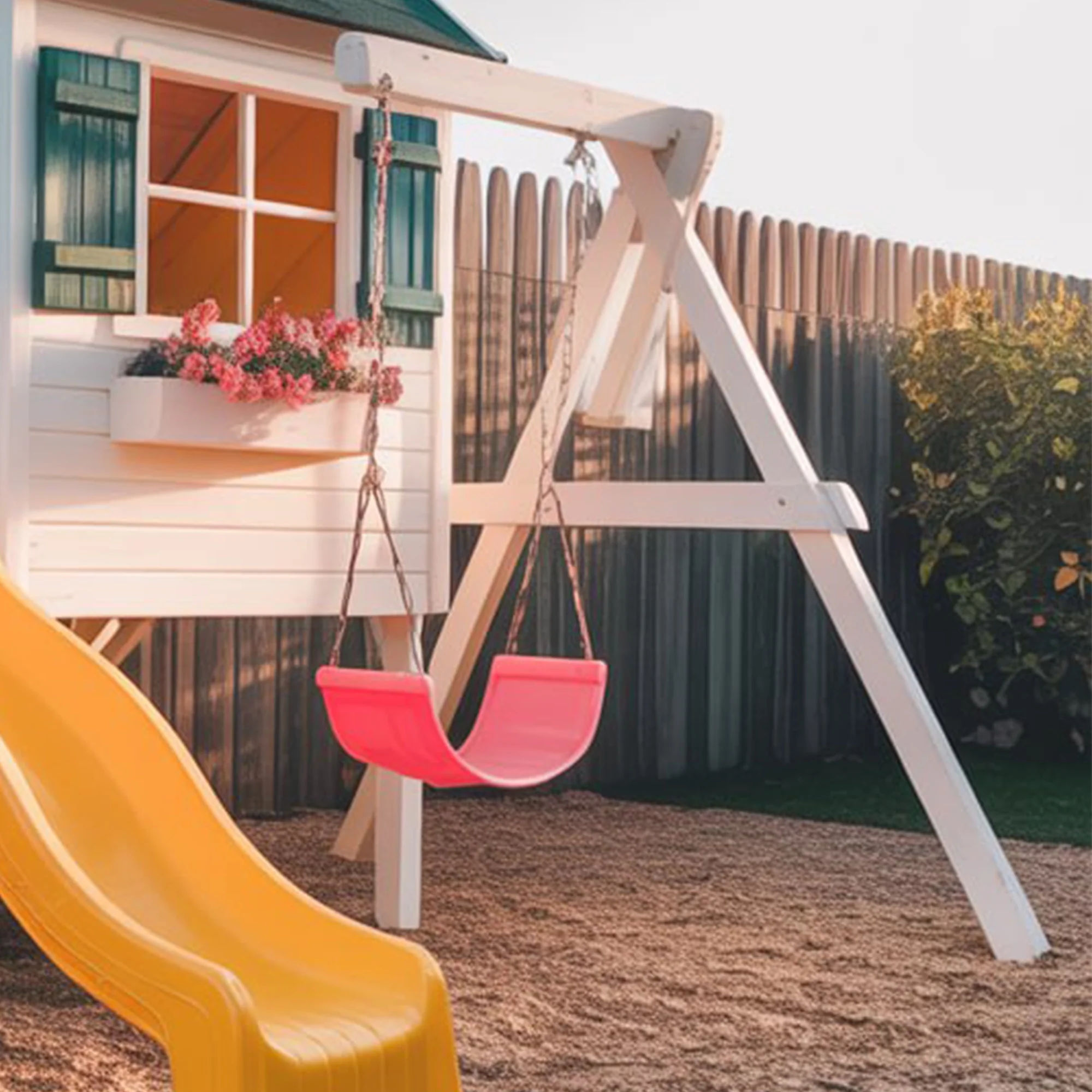 Wooden Outdoor Playhouse for Kids with Yellow Slide & Swing Set