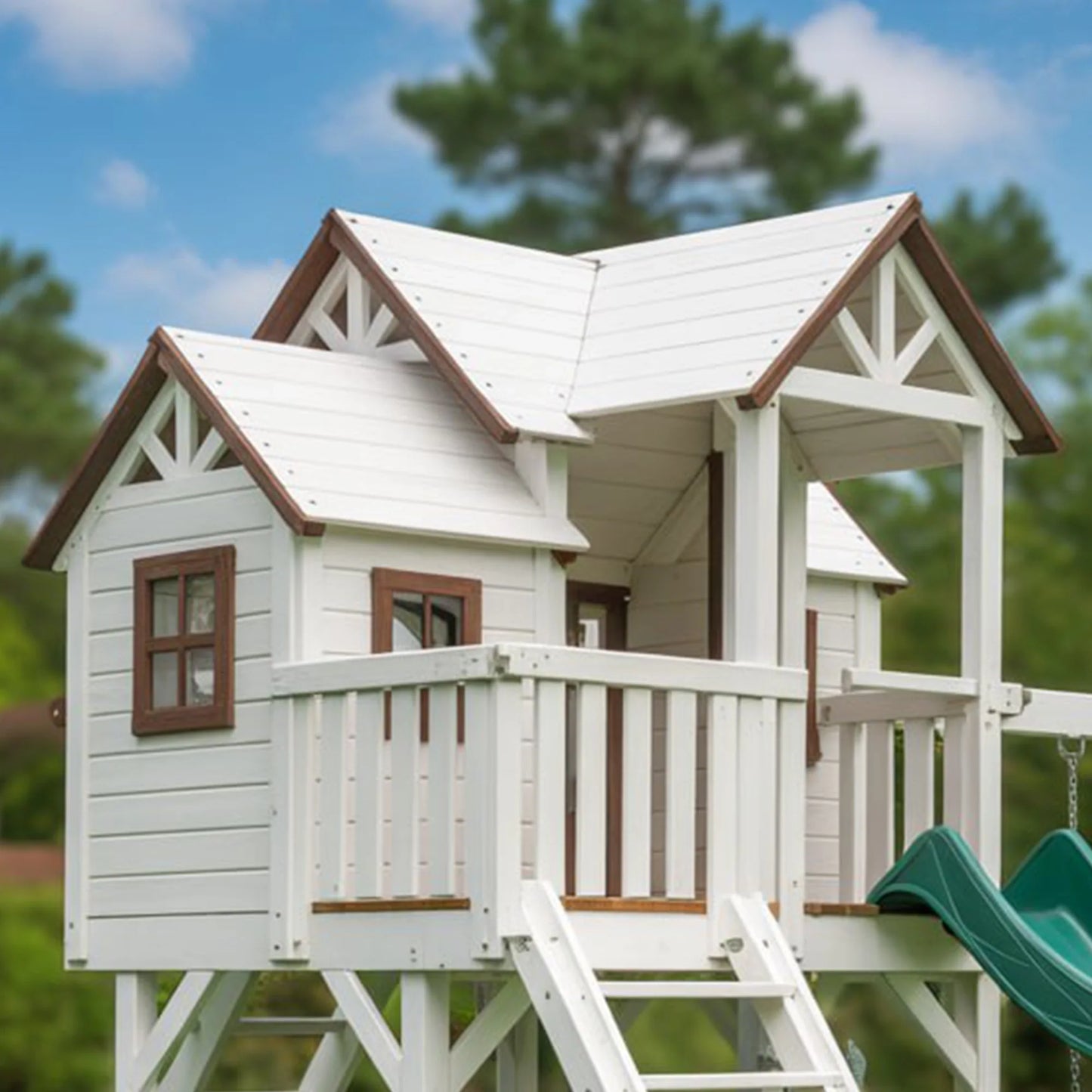 Premium Wooden Swingset with Tube Slide, Rock Wall & Double Swings