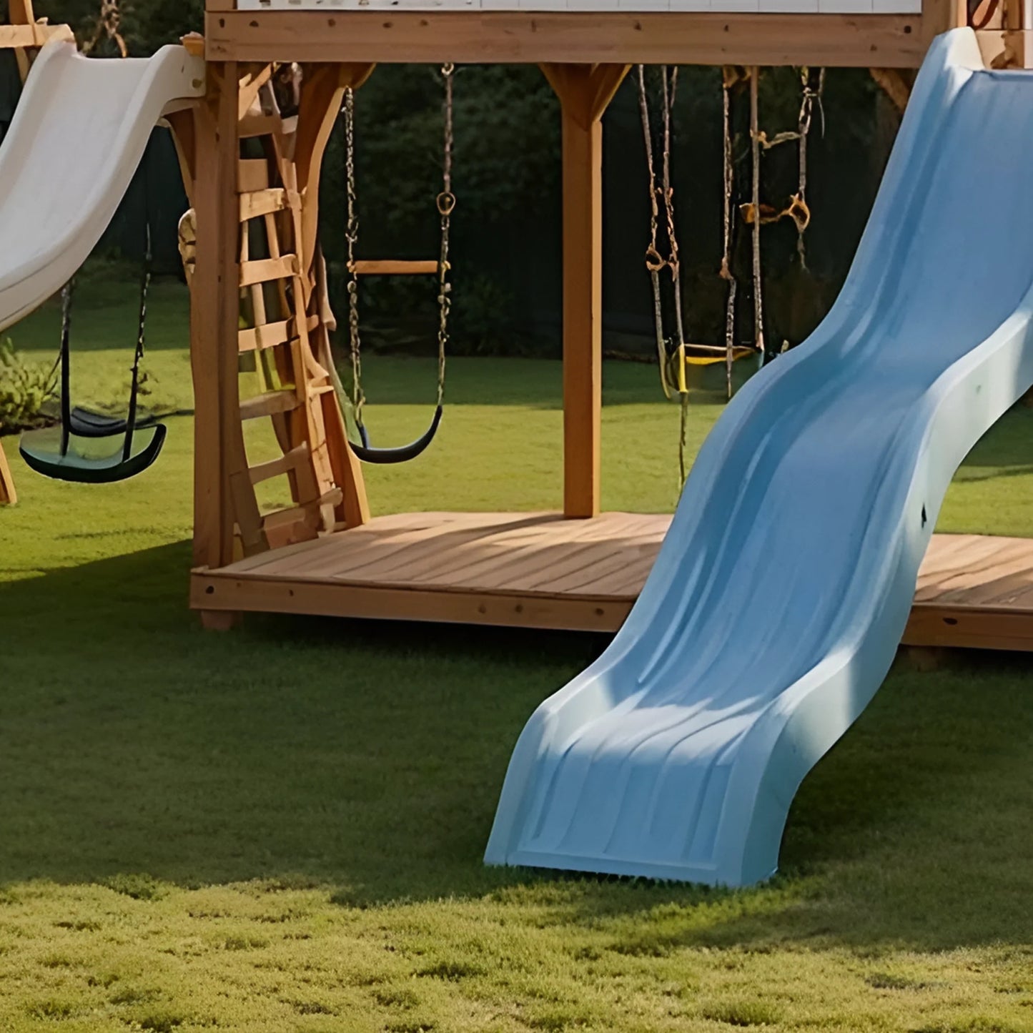 Backyard Playhouse with Wooden Swing Set, Sandbox & Wave Slide – Outdoor Fun