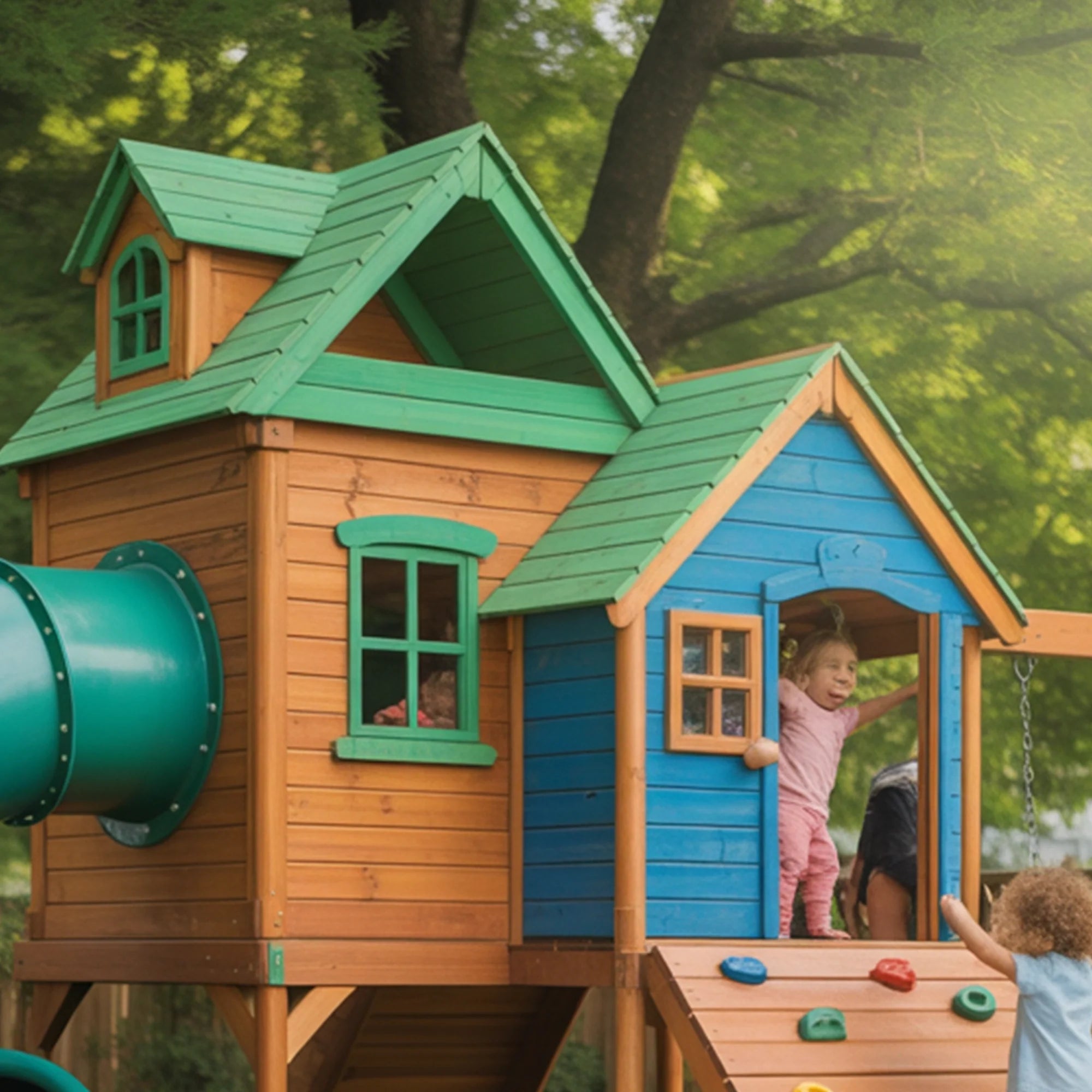 Large Wooden Playhouse with Spiral Tube Slide & Swings | Outdoor Kids Playground for Backyard Fun