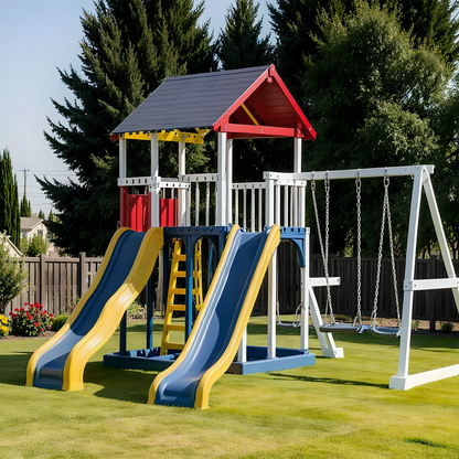 Children’s Wooden Playset – Outdoor Backyard Swings, Slides & Playhouse Combo