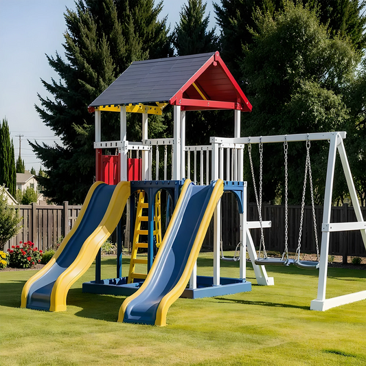 Children’s Wooden Playset – Outdoor Backyard Swings, Slides & Playhouse Combo