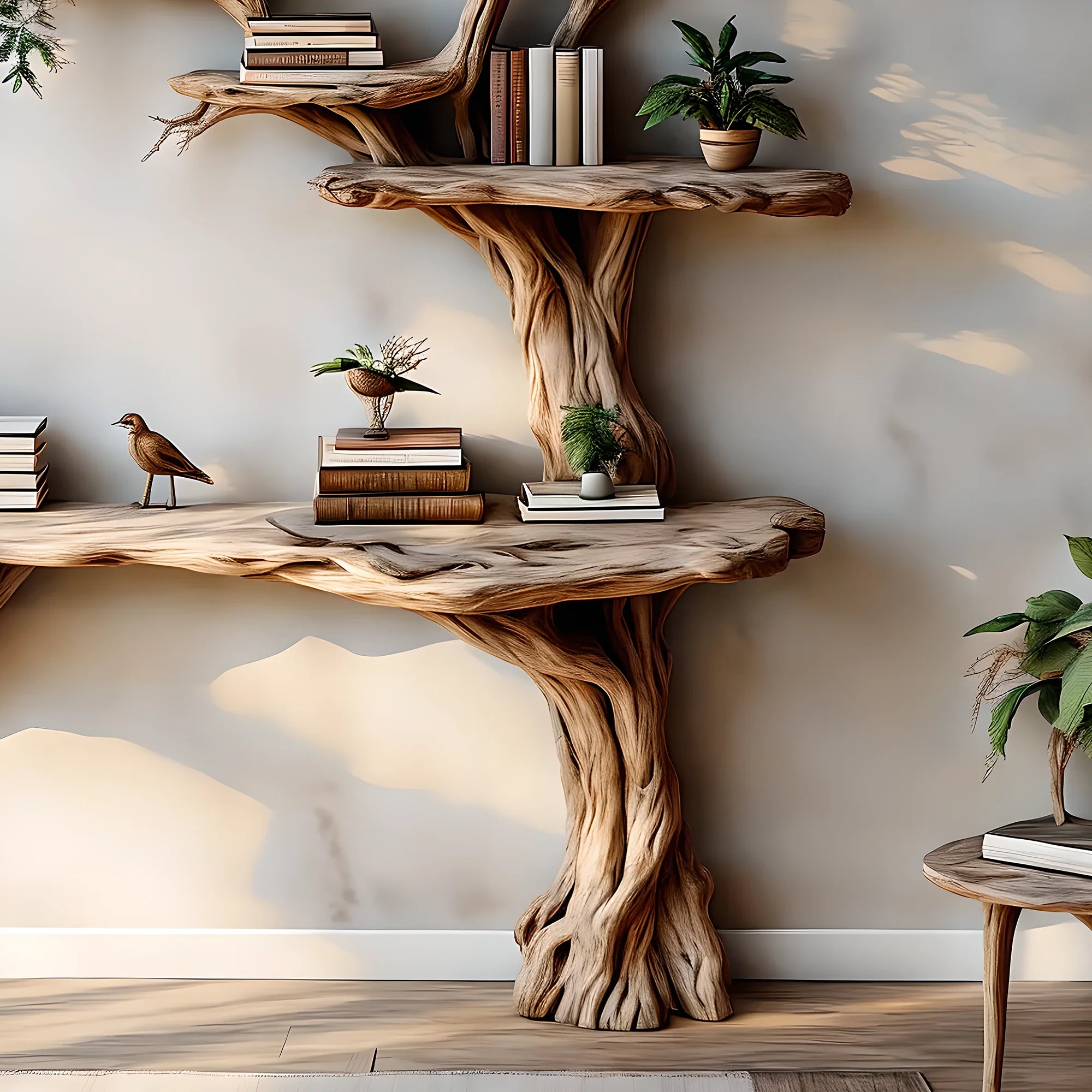 Narrow table with twig bookshelf, Entrance living edge table, Farm table rustic handmade console table natural wood 